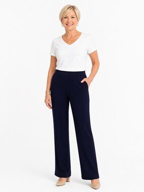 Susan Graver pants straight leg pull on size small petite pull on Navy blue